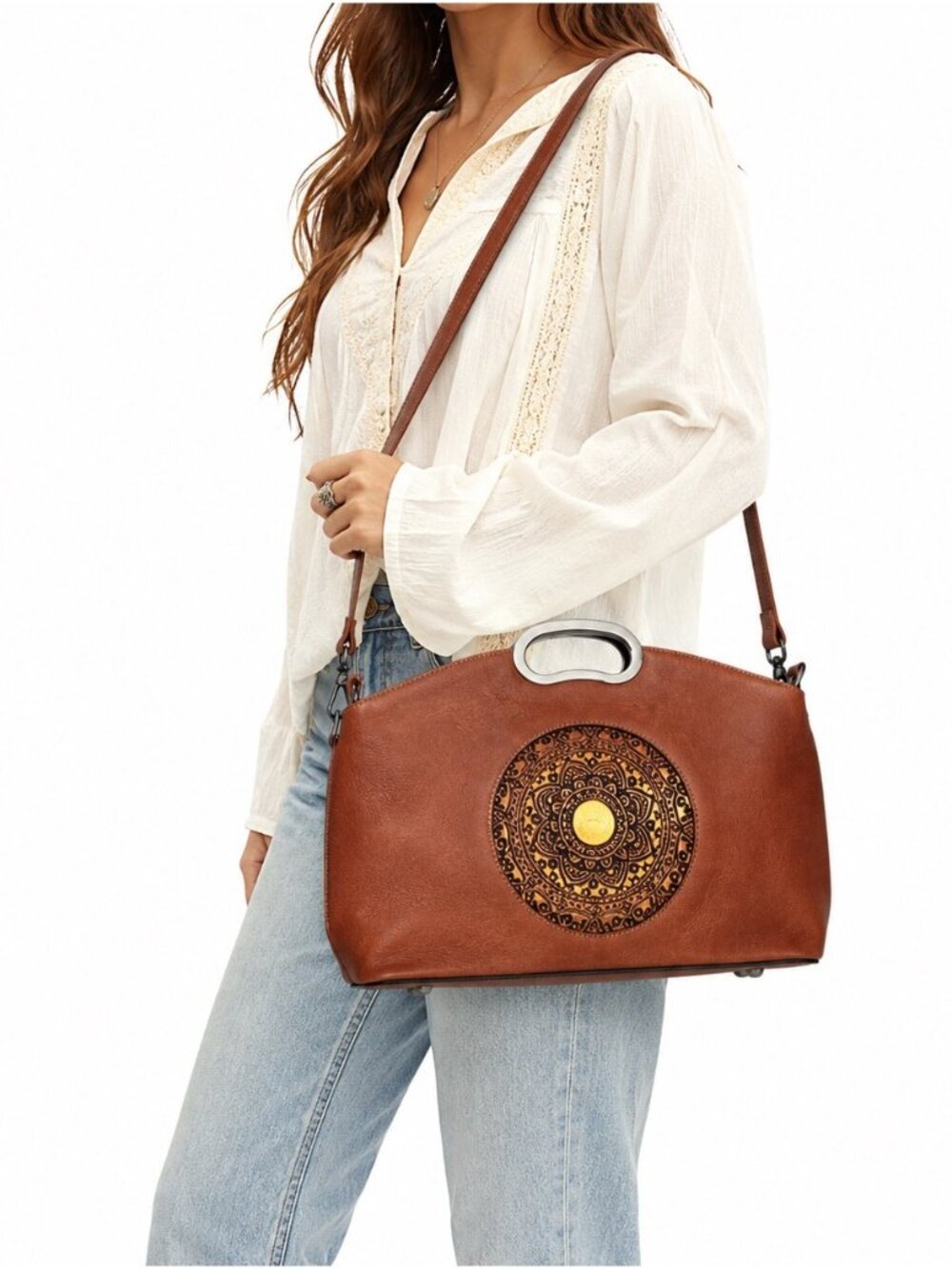 Genuine Leather Bag Brown Satchel Crossbody Tooled Western Folk Art Boho Rustic